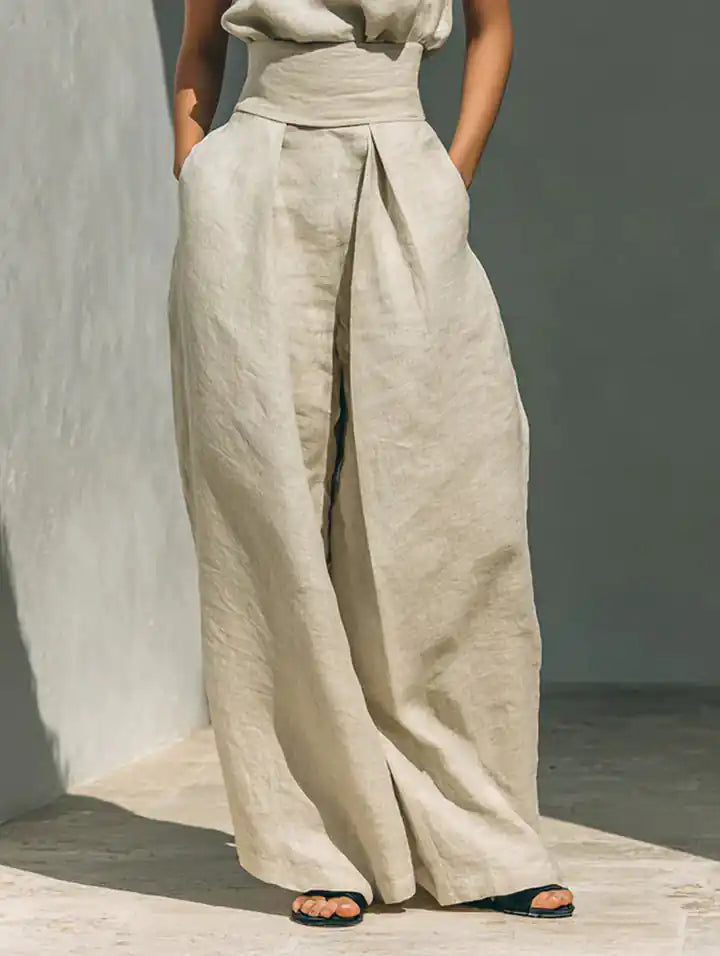 Flor™ | Completo minimalista con blusa senza maniche e pantaloni a gamba larga in cotone e lino per donna - vevaly.com