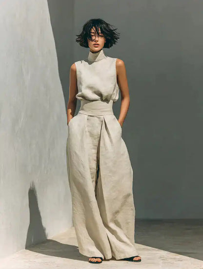 Flor™ | Completo minimalista con blusa senza maniche e pantaloni a gamba larga in cotone e lino per donna - vevaly.com