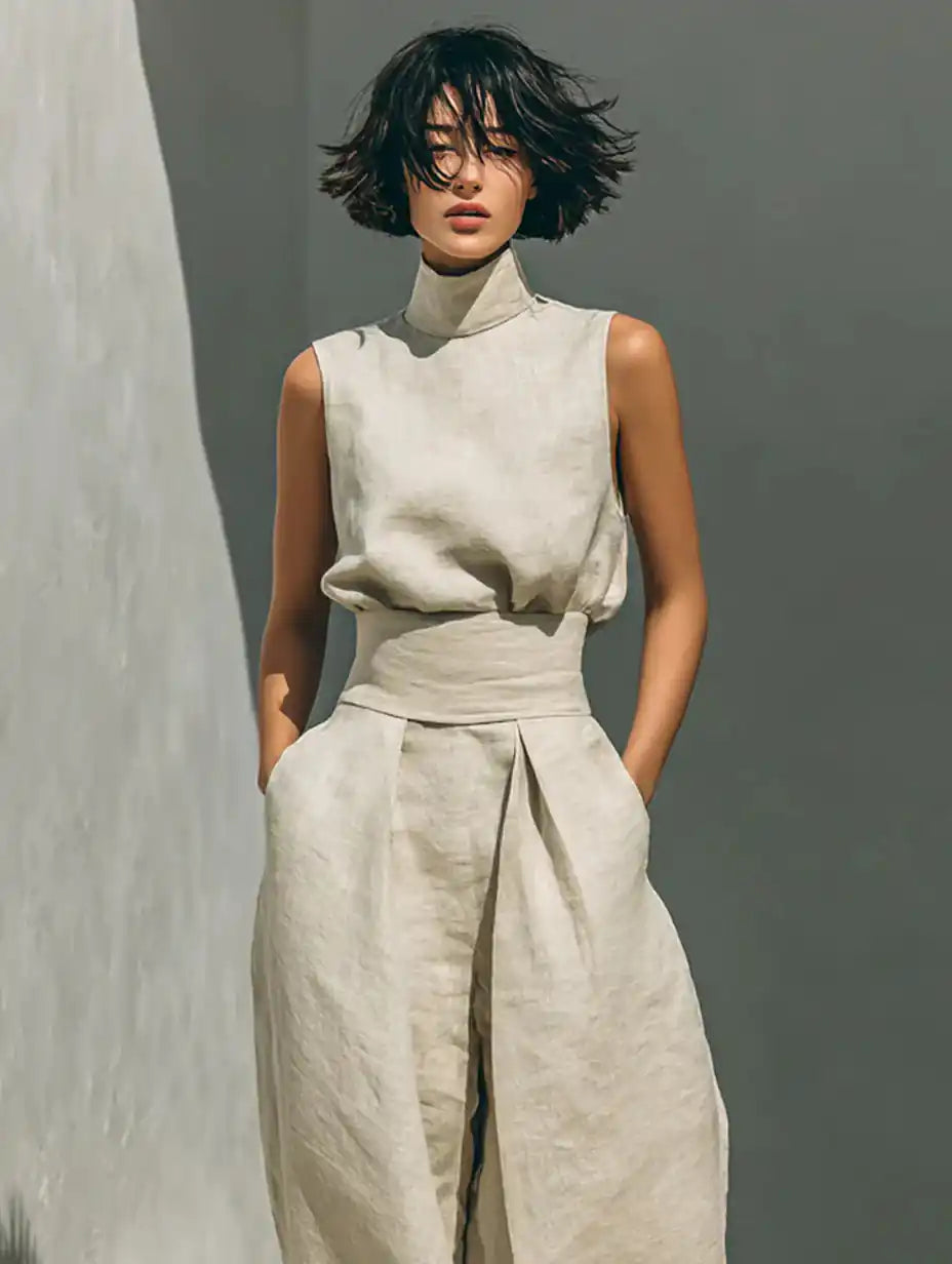 Flor™ | Completo minimalista con blusa senza maniche e pantaloni a gamba larga in cotone e lino per donna - vevaly.com