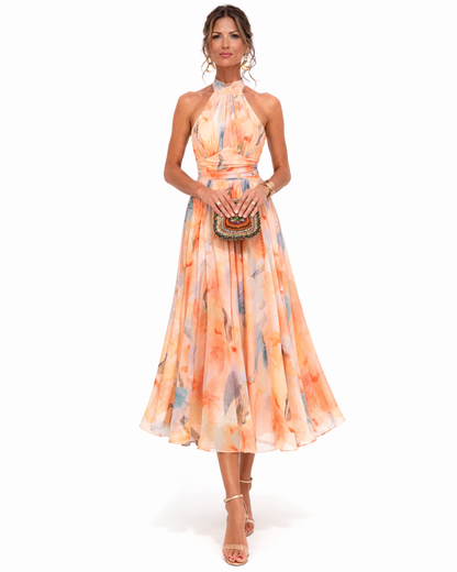 Aurora | Abito con Collo Halter e Stampa Acquerello - vevaly.com