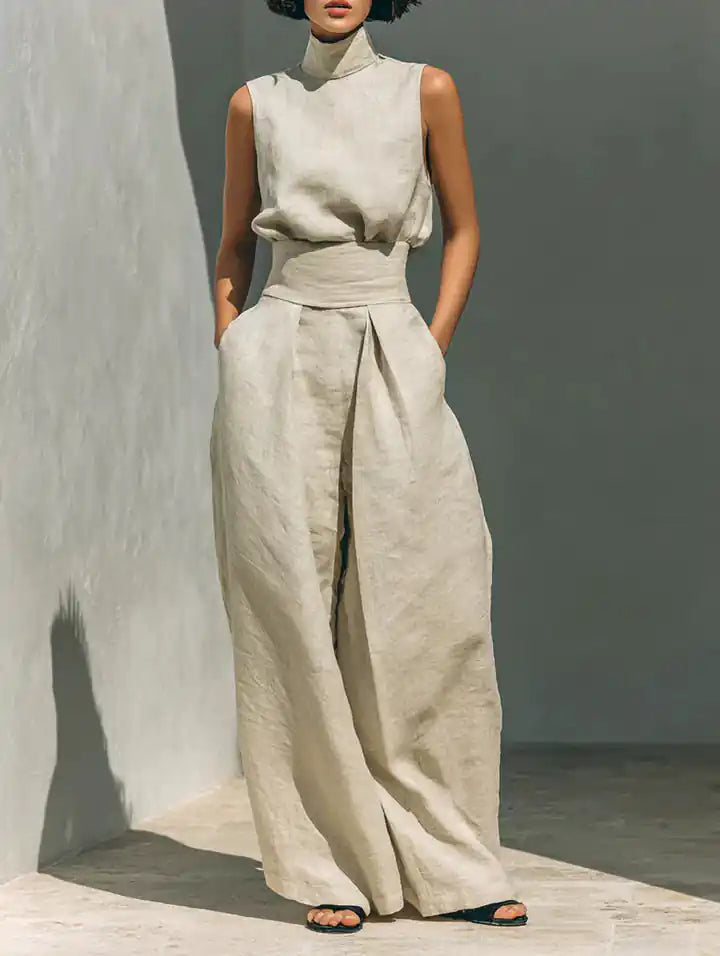 Flor™ | Completo minimalista con blusa senza maniche e pantaloni a gamba larga in cotone e lino per donna - vevaly.com