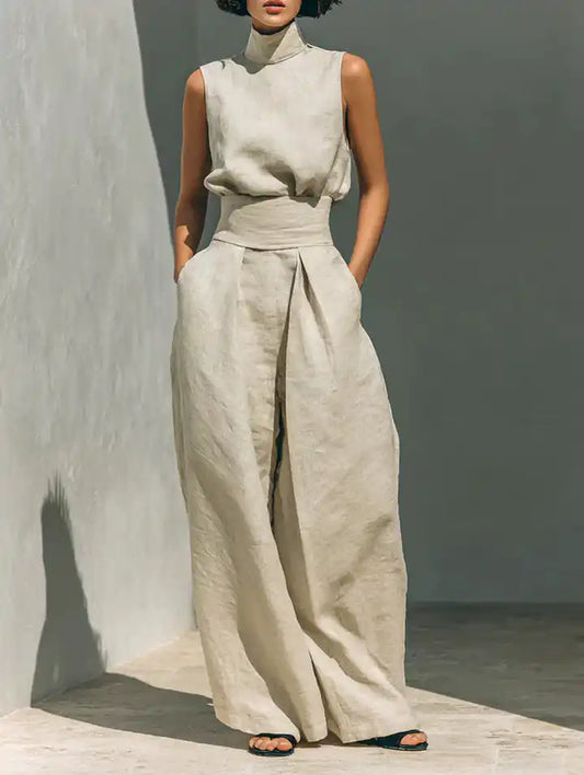 Flor™ | Completo minimalista con blusa senza maniche e pantaloni a gamba larga in cotone e lino per donna - vevaly.com