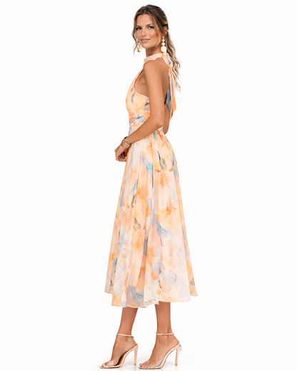 Aurora | Abito con Collo Halter e Stampa Acquerello - vevaly.com