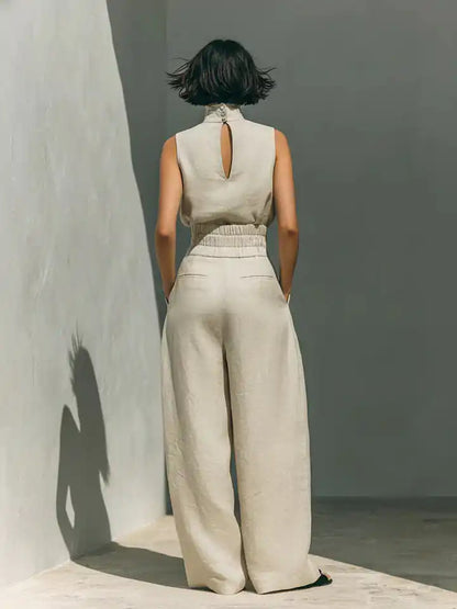 Flor™ | Completo minimalista con blusa senza maniche e pantaloni a gamba larga in cotone e lino per donna - vevaly.com