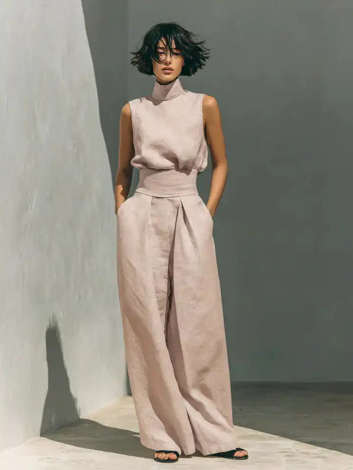 Flor™ | Completo minimalista con blusa senza maniche e pantaloni a gamba larga in cotone e lino per donna - vevaly.com