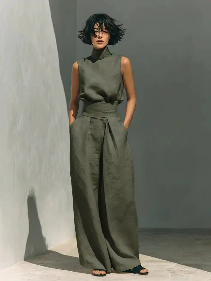 Flor™ | Completo minimalista con blusa senza maniche e pantaloni a gamba larga in cotone e lino per donna - vevaly.com