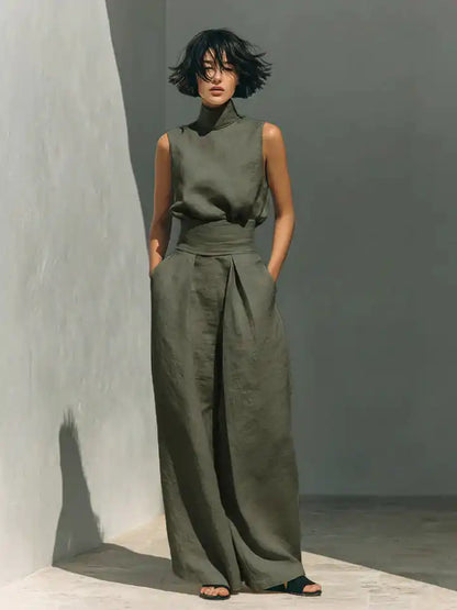 Flor™ | Completo minimalista con blusa senza maniche e pantaloni a gamba larga in cotone e lino per donna - vevaly.com