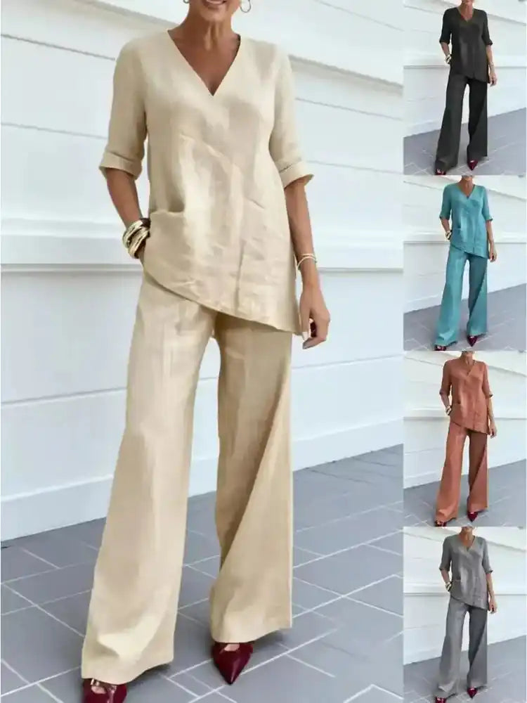 Susana | Completo di due pezzi con top a mezza manica e pantaloni dritti - vevaly.com