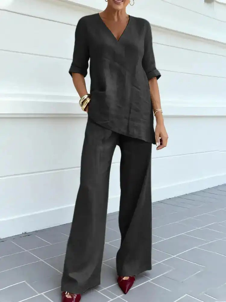 Susana | Completo di due pezzi con top a mezza manica e pantaloni dritti - vevaly.com
