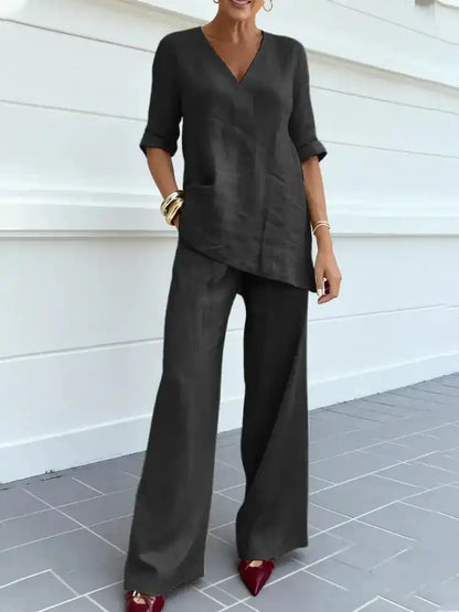 Susana | Completo di due pezzi con top a mezza manica e pantaloni dritti - vevaly.com