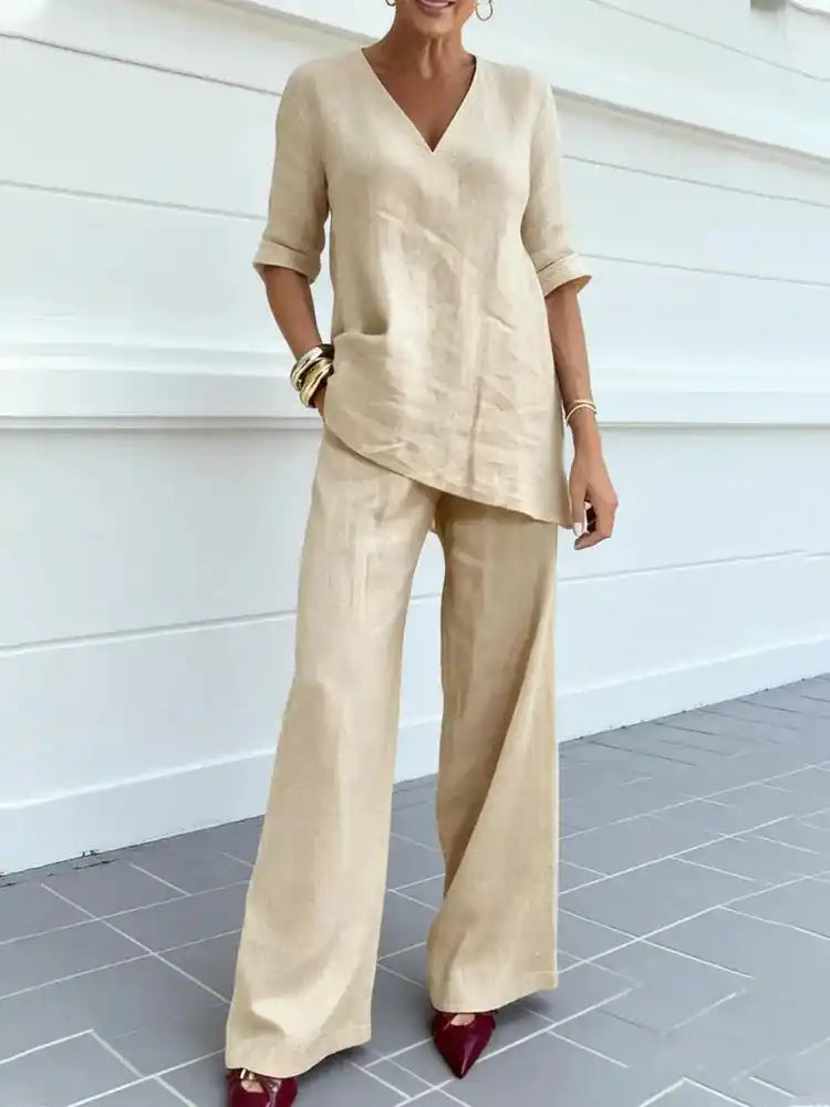 Susana | Completo di due pezzi con top a mezza manica e pantaloni dritti - vevaly.com