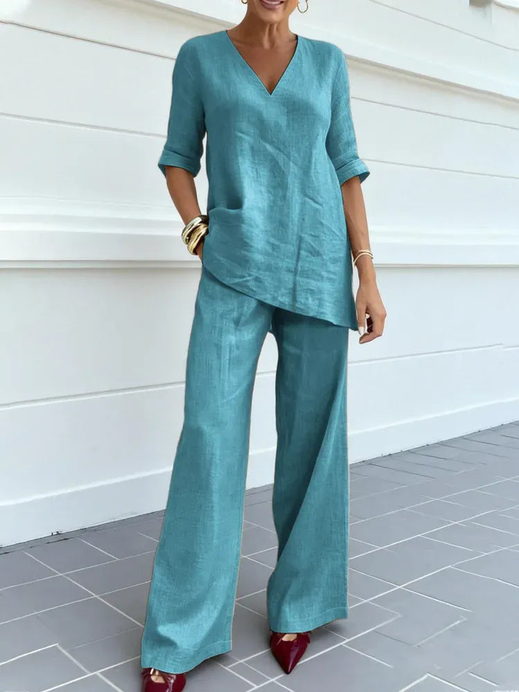 Susana | Completo di due pezzi con top a mezza manica e pantaloni dritti - vevaly.com