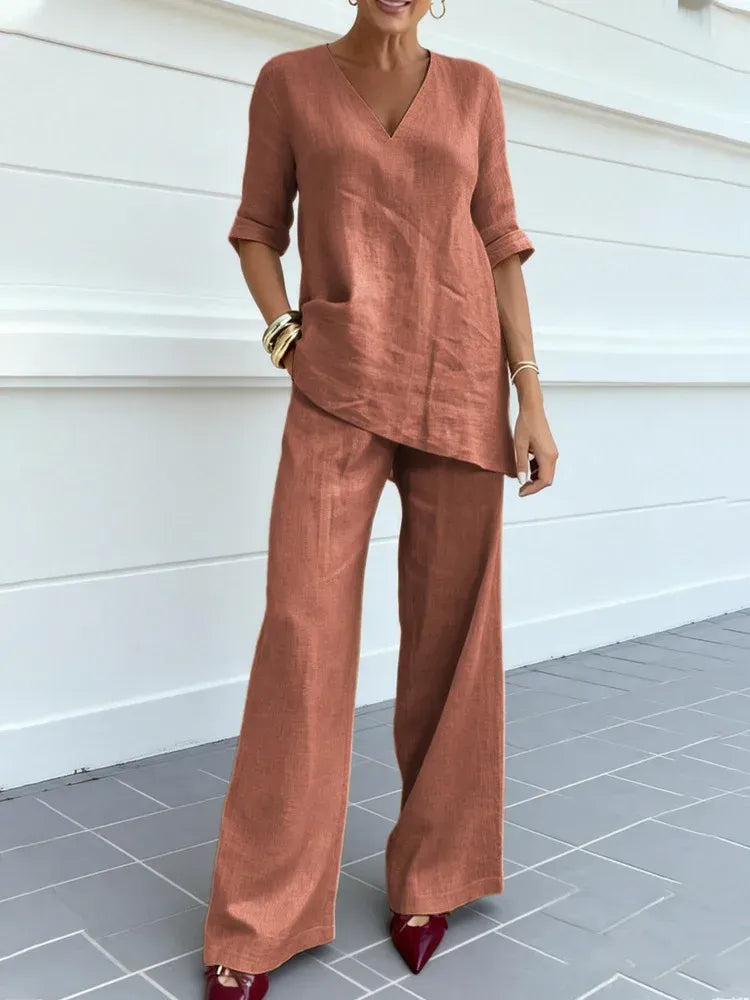 Susana | Completo di due pezzi con top a mezza manica e pantaloni dritti - vevaly.com
