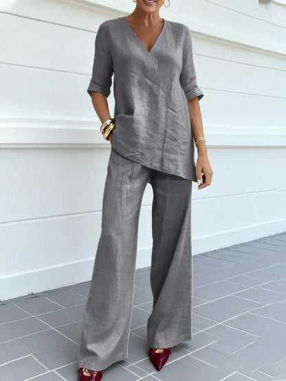 Susana | Completo di due pezzi con top a mezza manica e pantaloni dritti - vevaly.com