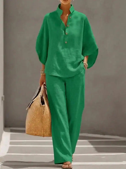 Maribel™ | Completo di lino con maniche a pipistrello e pantaloni larghi - vevaly.com