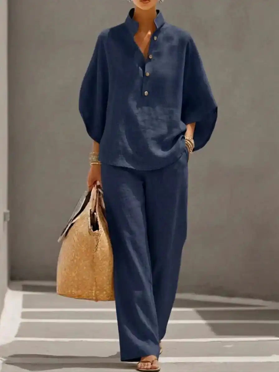 Maribel™ | Completo di lino con maniche a pipistrello e pantaloni larghi - vevaly.com