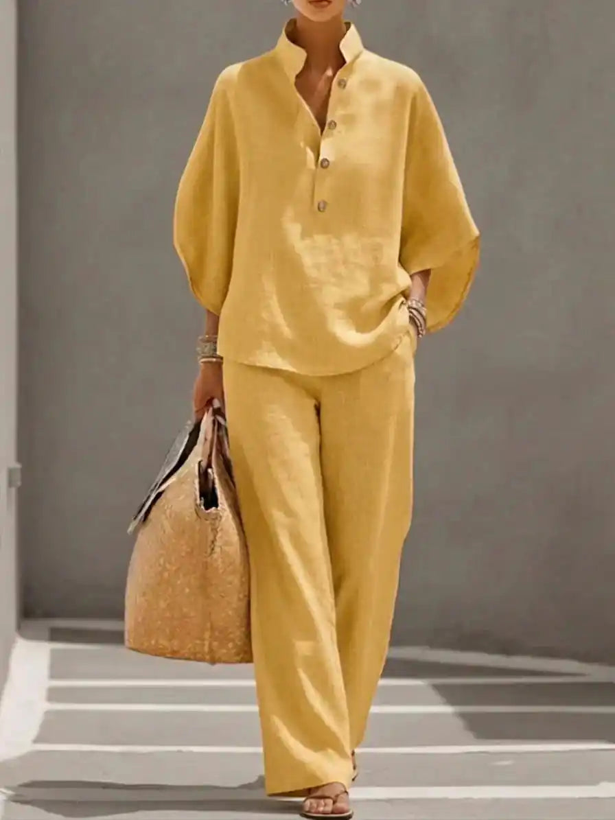 Maribel™ | Completo di lino con maniche a pipistrello e pantaloni larghi - vevaly.com