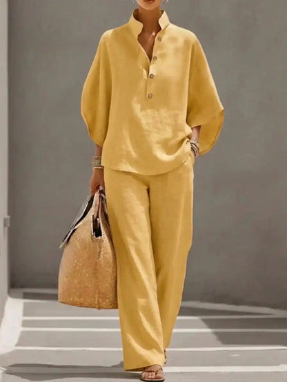 Maribel™ | Completo di lino con maniche a pipistrello e pantaloni larghi - vevaly.com