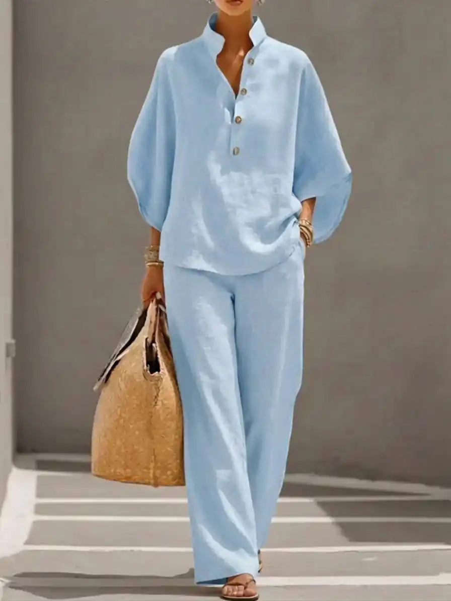 Maribel™ | Completo di lino con maniche a pipistrello e pantaloni larghi - vevaly.com