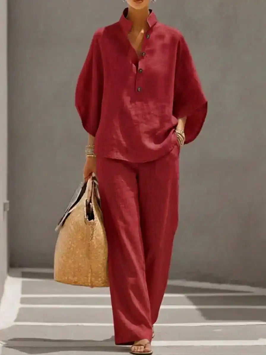 Maribel™ | Completo di lino con maniche a pipistrello e pantaloni larghi - vevaly.com