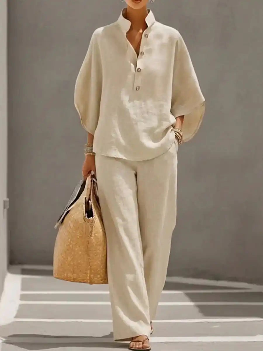 Maribel™ | Completo di lino con maniche a pipistrello e pantaloni larghi - vevaly.com