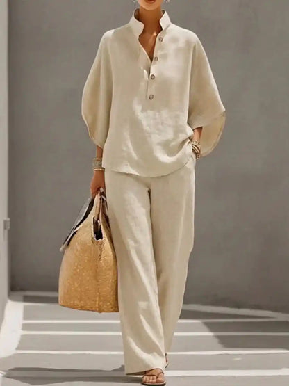 Maribel™ | Completo di lino con maniche a pipistrello e pantaloni larghi - vevaly.com