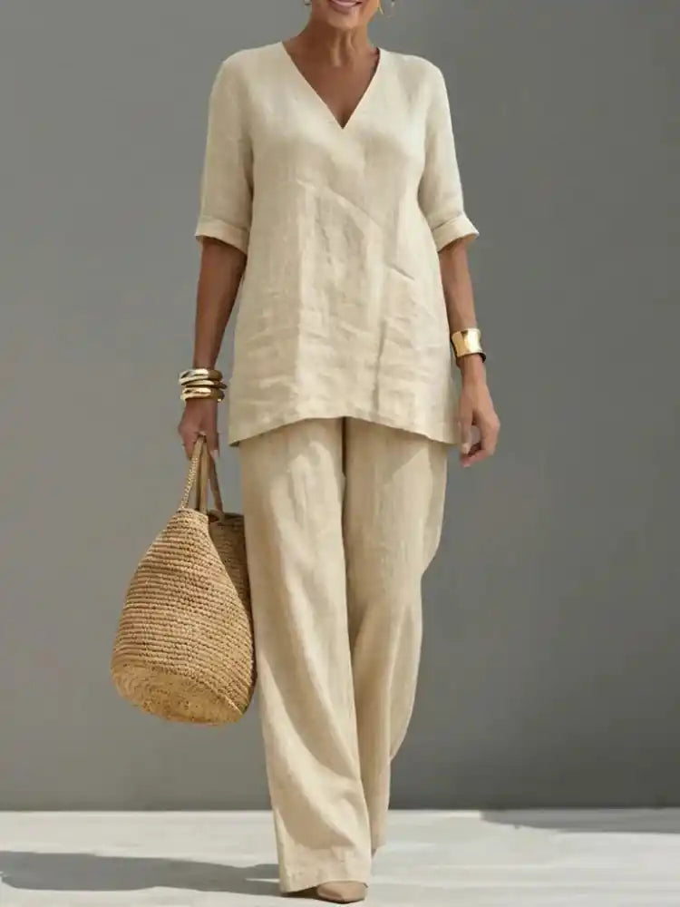 Susana | Completo di due pezzi con top a mezza manica e pantaloni dritti - vevaly.com