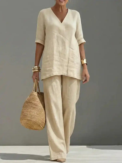 Susana | Completo di due pezzi con top a mezza manica e pantaloni dritti - vevaly.com