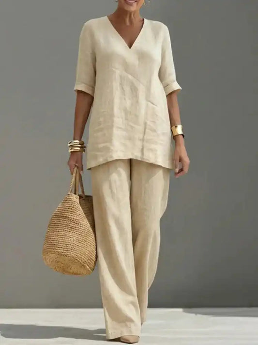 Susana | Completo di due pezzi con top a mezza manica e pantaloni dritti - vevaly.com